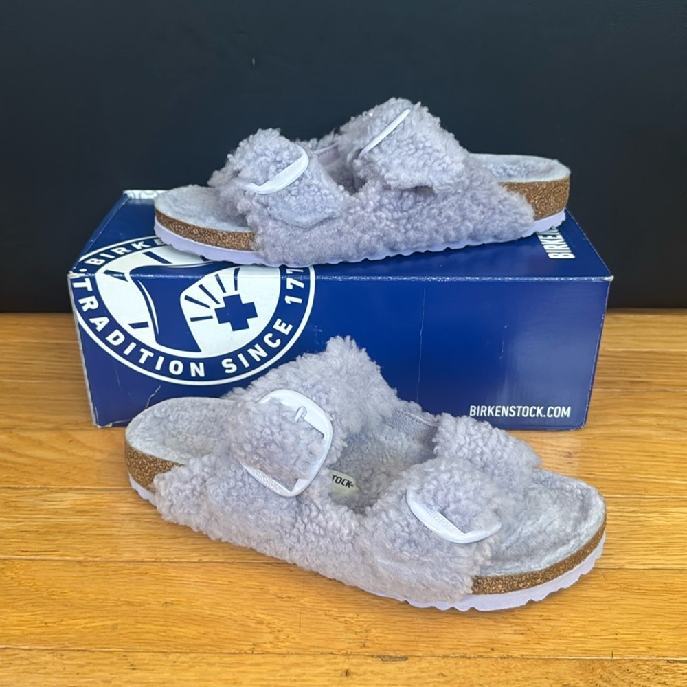 Birkenstock Arizona Big Buckle Teddy Rivet Logo Purple Fog Size 8